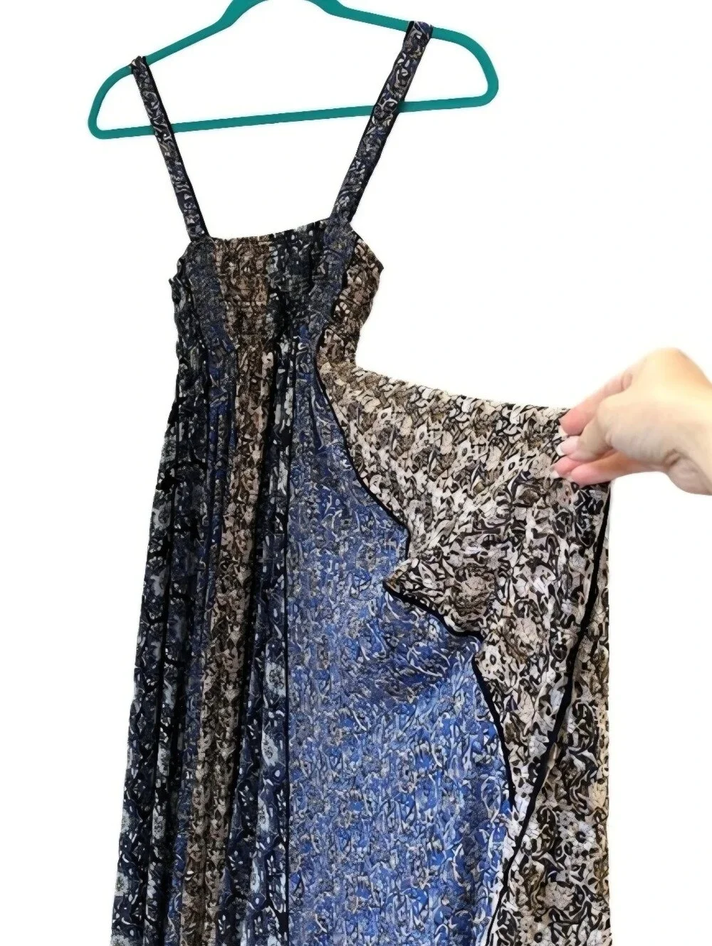 Free People Boho Floral Patchwork Maxi Dress in Blue and Black